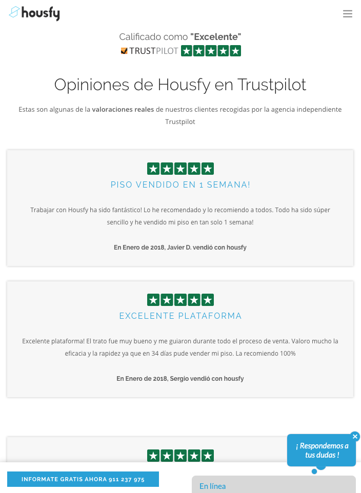 captura de pantalla de la web de Housfy donde aparecen las opiniones de Trustpilot
